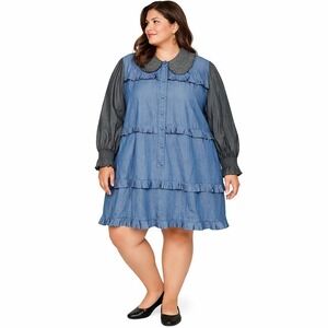NWT BURU Chambray Peter Pan Collar Ruffled Mini Dress Blue & Gray Womens Sz 1X